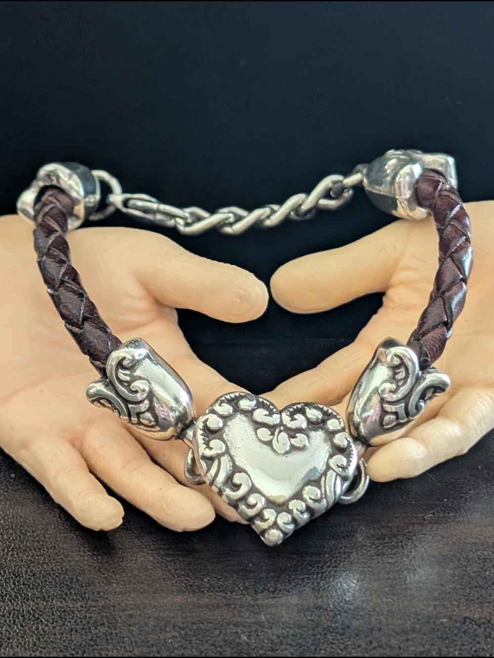 Brighton Braided Brown Leather Bracelet with Ornate Silver Plated Heart Pendant